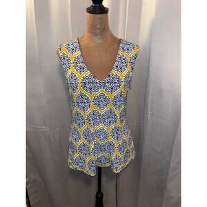 Banana Republic Sleeveless Blouse Small Yellow Black Medallion Print V-Neck Top